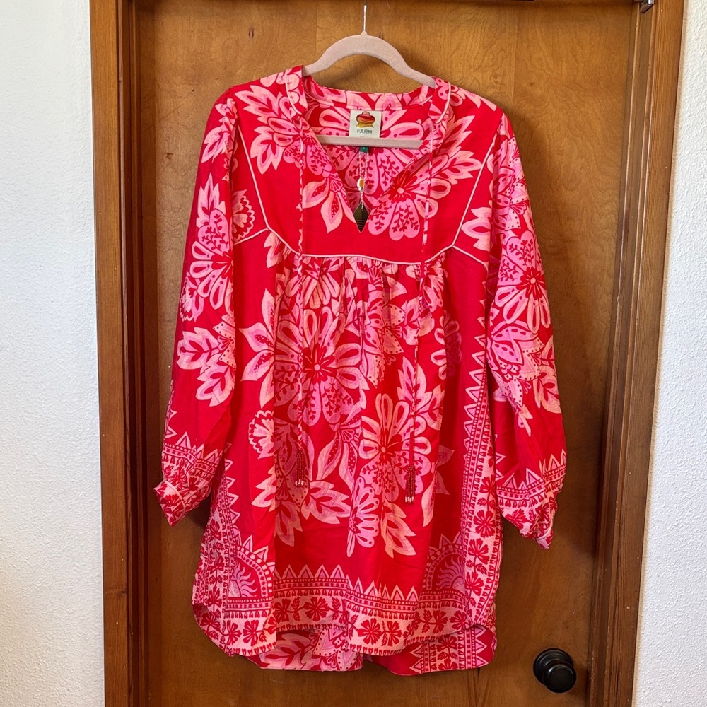 FARM Rio Red & Pink Floral Gathered Mini Dress
